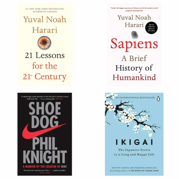 4 Book set ( 21 lessons for the 21st century , Sapiens , Shoe dog , Ikigai )