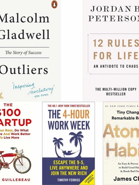5 book set ( Outliers , 12 Rules for life , 100 $ Startup , The 4 hour work week , Atomic Habits )