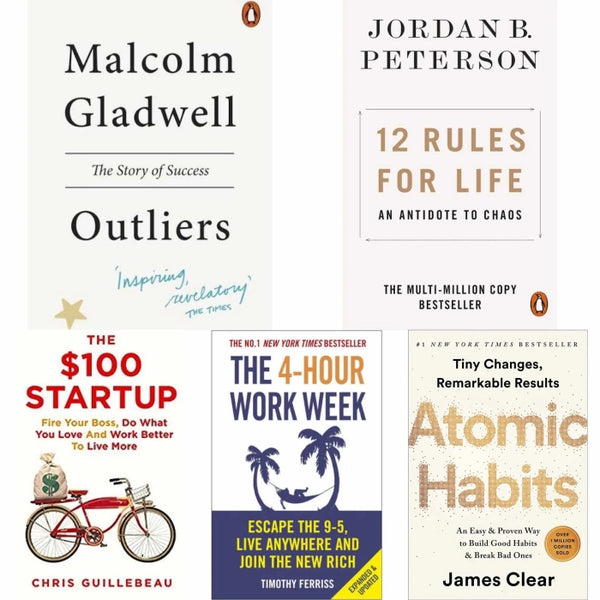 5 book set ( Outliers , 12 Rules for life , 100 $ Startup , The 4 hour work week , Atomic Habits )