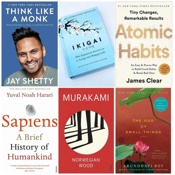 Think like monk , Ikigai , Atomic Habits , Sapiens , Norwegian wood , The god of small Things 6 book set