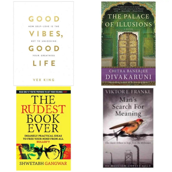 4 Book set ( Good vibes good life , The palace of illusion , The rudest book ever , Man's search for meaning )