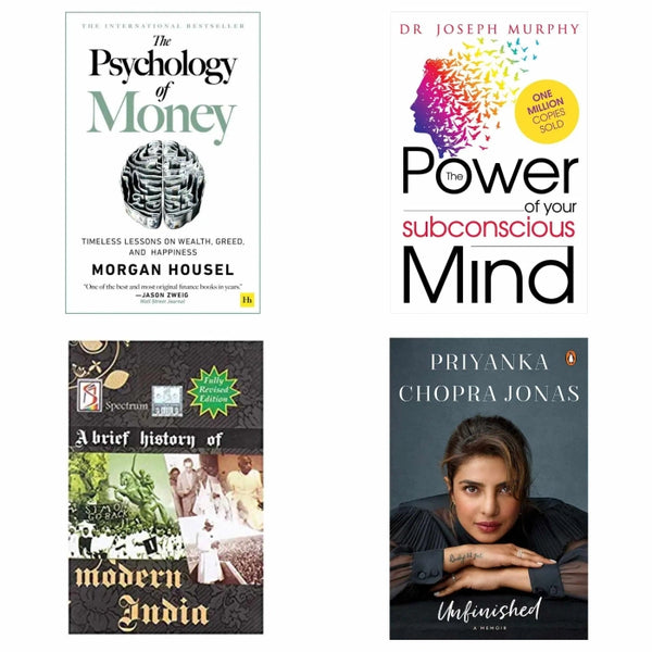 4 Book set ( Psychology of money , Power of subconscious mind , A brief history of modern India , Unfinished )