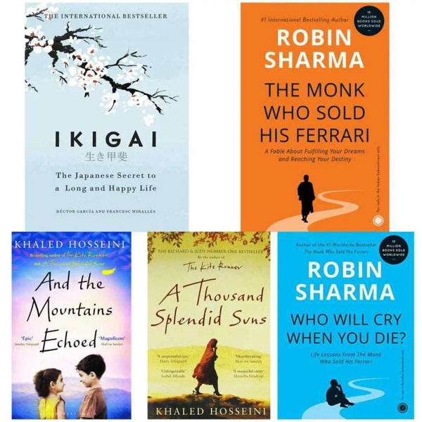 5 book set ( Ikigai , The monk who sold his Ferrari , And the mountain echoed , A thousand splendid sun , Who will cry when you die )