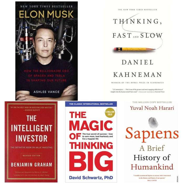 5 book set ( Elon Musk , Thinking fast and slow , The intelligent investor , The magic of thinking Big , Sapiens )