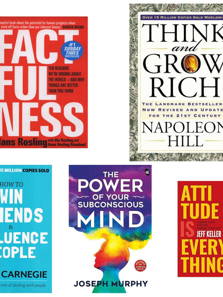 5 book set ( Factfulness , Think and grow rich , How to win friends and influence people , Power of subconscious mind , Attitude is everything )