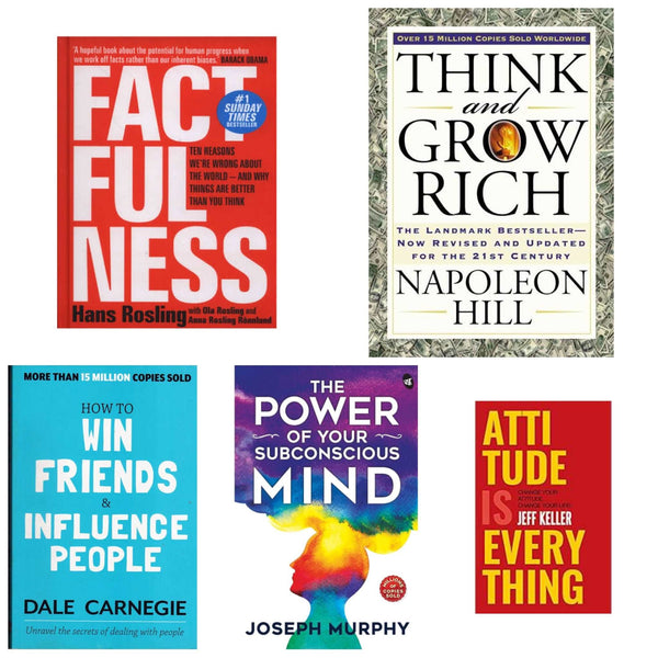 5 book set ( Factfulness , Think and grow rich , How to win friends and influence people , Power of subconscious mind , Attitude is everything )