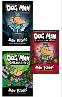 Dog Man 1  by Dav Pilkey, Dog Man Unleashed(Dog Man #2) and  Dog Man: A Tale of Two Kitties (Dog Man #3) by Dav Pilkey (Author, Illustrator) combo