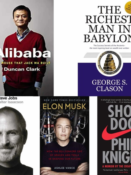 5 book set ( Alibaba , The richest man in Babylon , Steve jobs , Elon musk, Shoe dog )