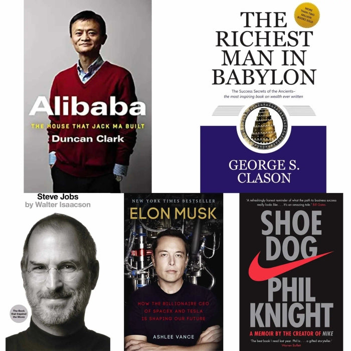 5 book set ( Alibaba , The richest man in Babylon , Steve jobs , Elon musk, Shoe dog )