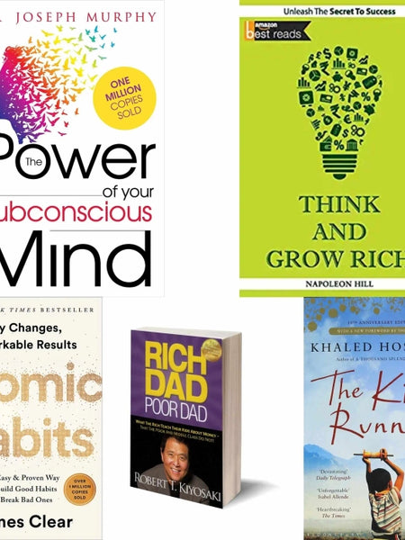 Power of subconscious mind, Think and grow rich , Atomic Habits, Rich dad Poor dad , The kite runner 5 Book Set