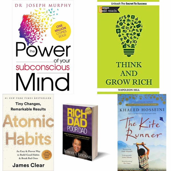 Power of subconscious mind, Think and grow rich , Atomic Habits, Rich dad Poor dad , The kite runner 5 Book Set