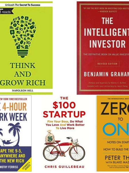 5 book set ( Think and grow rich , The intelligent investor , The 4 hour work week , 100$ Startup , Zero to one )