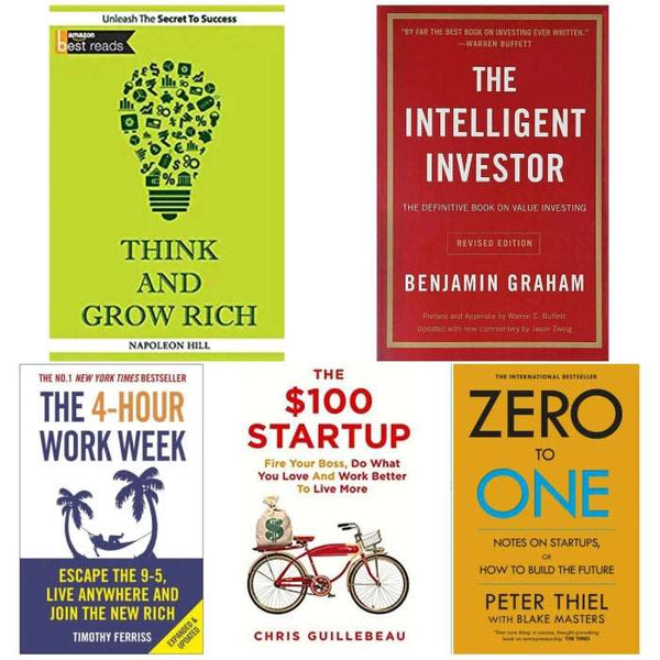 5 book set ( Think and grow rich , The intelligent investor , The 4 hour work week , 100$ Startup , Zero to one )