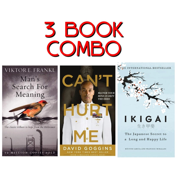 3 book combo man's search for meaning, can't hurt me and Ikigai