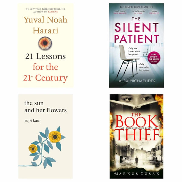 4 Book set Eclectic Reading Collection : 21 lessons for 21st century , Silent Patient , The sun and her flower , Book thief